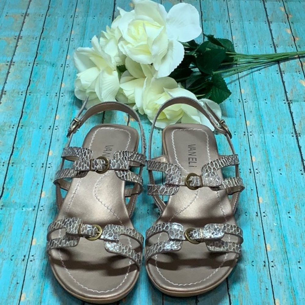Vaneli Shiny Snakeskin Strappy Sandals
